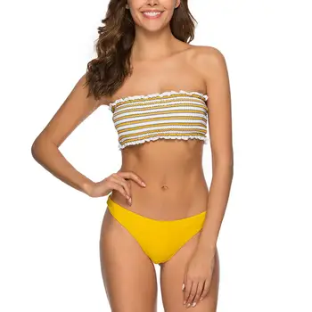 Seksualus maudymosi Kostiumėliai, Bikini Paplūdimys Thong Bikini 2020 Susiėmę Stebėjimo maudymosi kostiumėlį Dviejų dalių Geltonos spalvos Maudymosi Kostiumą Off Peties Bikini