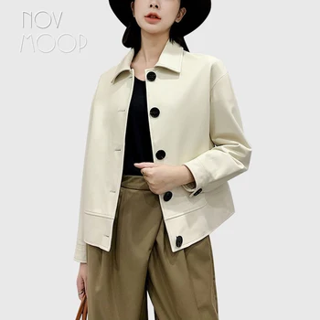Novmoop natūralios odos moterims pavasario rudens striukė paprasta prašmatnus prancūziškas stilius office lady kasdien dėvėti elegantiškas Veste cuir de LT3491