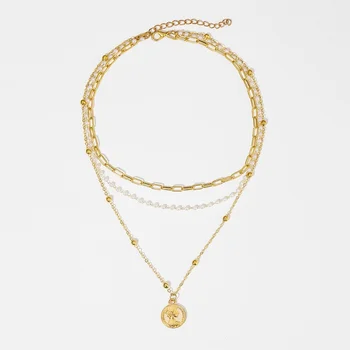 Aukso daugiasluoksnė Monetos Perlų Vėrinį Europos ir Amerikos Mados Gatvės Stiliaus Inkrustacijos Pearl Nišą Dizaino Ins Clavicle Grandinės