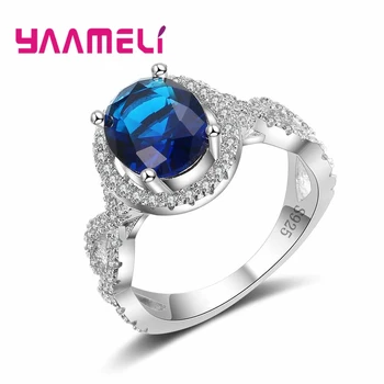 Elegantiška Klasikinė tamsiai Mėlynos Apvalios Krištolo Akmens Žiedas 925 Sidabro Mielas Moterų Vestuvių Ceremonija Jubiliejų