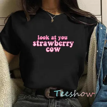 Ieškoti Jums Braškių Karvė T-shirt Spausdinti Rožinė Laišką Grafinis Moterų Marškinėliai Tumblr StreetwearTop Y2k Estetinės moteriški Drabužiai