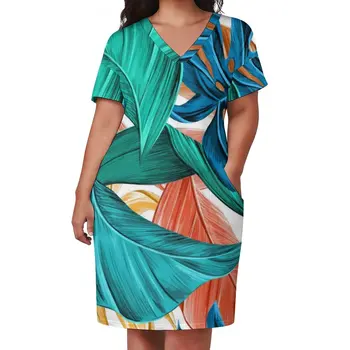 Atogrąžų Lapai Atsitiktinis Suknelė Vasaros Žalios Ir Mėlynos Augalų Retro Suknelės Moteris Trumpomis Rankovėmis Modelis Streetwear Suknelė Plius Dydis