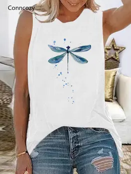 Naujas Mados Harajuku Marškinėliai Blue Dragonfly Spausdinti Juokinga Moterų Marškinėliai be Rankovių Vasaros Top Femme O-kaklo Tees Negabaritinių Marškinėliai