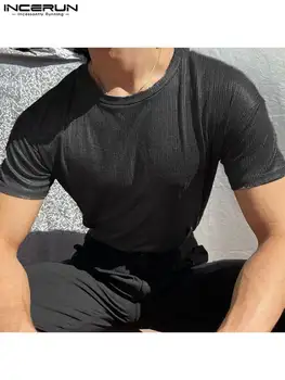 Amerikietiško Stiliaus Naujas Vyrų Blizga Duobę Tekstūros Camiseta Atsitiktinis Paprasta Vyrų vientisos Spalvos trumparankoviai marškinėliai, S-5XL INCERUN Viršūnes 2022