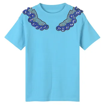2021 Mados Vasaros Marškinėliai Moterims Tees O-Kaklo Gėlių ornamento formavimas Mėlyną Mezgimo Viršūnes Atsitiktinis Derliaus Harajuku korėjos Lady ins