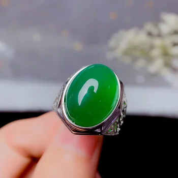 Natūrali žalioji chalcedony vyrų žiedas, atmosferos stiliaus, sunkusis, sidabrinė, jaučiasi gerai, 925 sidabras, pigiai