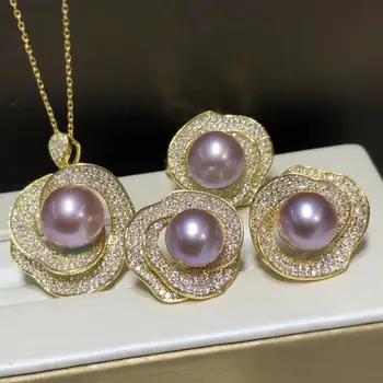 D510 Pearl Set Fine Jewelry Raundas 10-13mm Natrure Gėlo Vandens Šviesiai Violetinės spalvos Perlų Papuošalų Rinkiniai Moterims Kelia