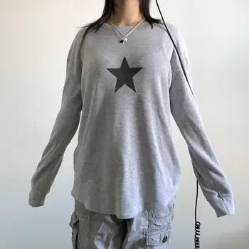 Moterų Estetinės Star Grafinis Spausdinti Tees Marškinėliai Y2k Pasakų Grunge Ilgomis Rankovėmis Star Modelis Prarasti Madinga T Shirts