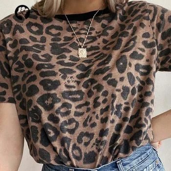 Moteriški Leopardas Spausdinti Viršūnes Trumpomis Rankovėmis Apvalios Kaklo Atsitiktinis Palaidų T Marškinėliai Basic Tees 2021 Metų Moteris Vasarą Tshirts Mados Teeshirt