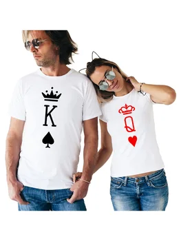 Naujas Valentino Marškinėliai Moteris Medvilnės Karalius ir Karalienė Laiškas Spausdinti Poros Laisvalaikio T-shirt Vyras Marškinėlius trumpomis Rankovėmis, O ant Kaklo T-shirt