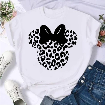 Naujas Disney Minnie Mouse Galvos Spausdinti Moterų marškinėliai Mados Leopard Print T Shirt Drabužių Streetwear Kawaii Moterų Marškinėliai