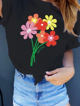 Moterų Spausdinimo Gėlių Gėlių 90-ųjų Animacinių filmų Ponios Streetwear Stilius Mada Drabužiai, Spausdinimo Tee Viršuje Marškinėlius Moterų Grafinis T-shirt
