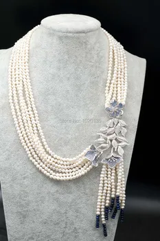 vieną rinkinį 6rows gėlavandenių perlų balta netoli apvalios ir mėlynas jaspis ir mėlyna cirkonis gėlių karoliai, auskarai nuostabi dovana FPPJ