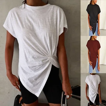 2022 m. vasaros naujus produktus Europos ir Jungtinių amerikos valstijų vientisos spalvos trumpomis rankovėmis asimetrinė apvalios kaklo atsitiktinis kink T-shirt
