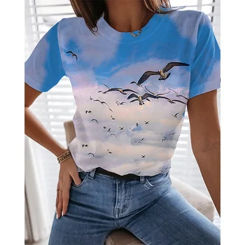 Moterų Vasaros 3D Spausdinimo Nišą Tapybos Trumpas Rankovėmis T-shirt Apvalus Kaklas Švelnus Ir Elegantiškas geriausių Europos Ir Amerikos Tendencijos