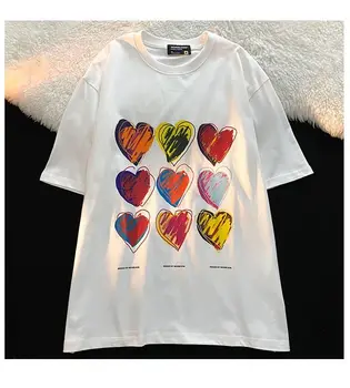2022 Naujas Vasaros trumparankoviai Drabužius Kawaii Grynos Medvilnės moteriški Marškinėliai Gatvės Mados Harajuku Stilius Širdies Modelis