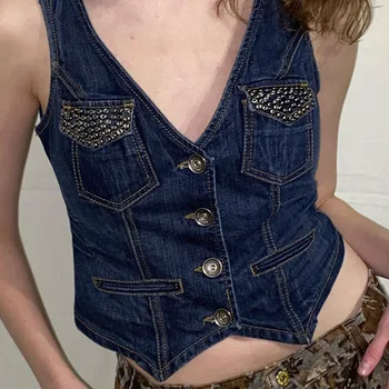 Moterų pavasario ir vasaros naujų gatvių tendencija asmenybės dekoratyvinės kniedės kišenėje single-breasted vientisos spalvos įrankiai džinsinio audinio liemenė
