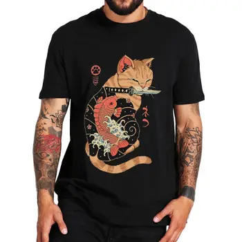 Japonijos Katė Ir Žuvų T Shirt, Derliaus Japonijos Stiliaus Gyvūnų Spausdinti Harajuku Tee ES Viršūnių Dydis 100% Medvilnė Unisex Atsitiktinis Minkštas Tshirts