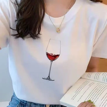 Marškinėliai Balti Stalviršiai, Moterų Topai Vyno taurė Atspausdinta Marškinėliai Moterims 90-ųjų Grafinis T-shirt O-kaklo Mergina Trumpas Rankovės Harajuku