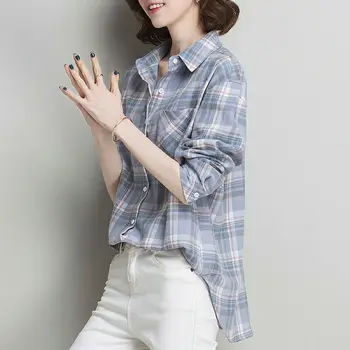 Moterys, Negabaritinių Pledas Marškiniai Su Kišenėmis Ponios Mados Elegantiškas Palaidinės 2021 Atsitiktinis Jaunimo Long Sleeve Top Korėjos Stiliaus Drabužių