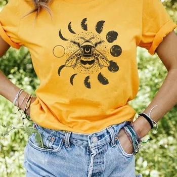 1PCS Mėnulio Fazės Bitės Moterų Viršūnių Mielas T Marškinėliai Atsitiktinis Vasarą Moteris Tshirts Mados Drabužių Streetwear