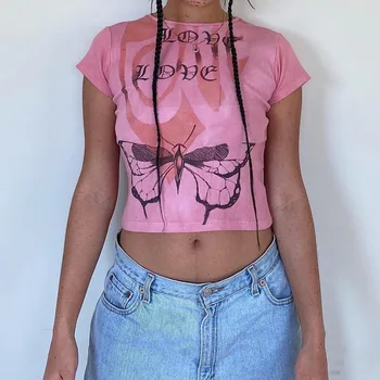 Kawaii trumparankoviai Negabaritinių marškinėliai top pink mielas y2k naujas vasaros drugelis spausdinti moterų apvalios kaklo atsitiktinis Moterų drabužiai