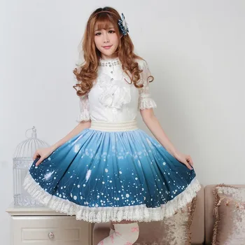 Pasakos Lolita Plisuotos Nėrinių Kelio Ilgis Royal Princess Cosplay Sijonas Sky Blue Star Elf Pixy Spausdinti Magija Firefly Dugnas