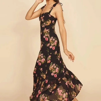 Merodi moterų 2020 m. vasaros mados gėlių spausdinti juodos ilgos suknelės, elegantiškos ledi elegantiška, elastinga aukštos juosmens raukiniai suknelė vestidos