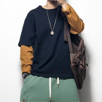 Korėjos Mados Hip-Hop Kontrastingos Kratinys Netikrą Du Megztiniai Vyrams, Drabužiai Japonijos Harajuku Puloveris Streetwear Ilgomis Rankovėmis