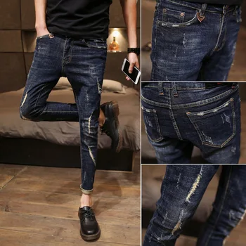 Didmeninė Gražus Mados Džinsinio audinio vyriškų liesas ripped jeans korėjos tendencija slim kulkšnies ilgis prekės kojų kelnės atsitiktinis pieštuku kelnės
