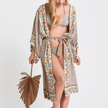 Kimono Sleeeve Plaukti Padengti Iki Suknelės Moterims Medvilnės Chaki Gėlių Spausdinti Cardigan 2021 M. Vasarą Vestidos Atsitiktinis Paplūdimio Skraiste