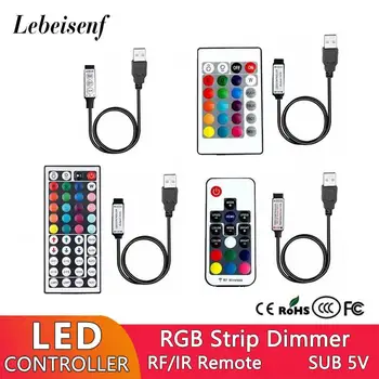 USB 5V LED Valdiklis 6A 30W Mini Dimeris RGB su 3/17/24/44 Klavišą IR RF Wireless Remote Control 5050 2835 Spalvų Šviesos Juostelės