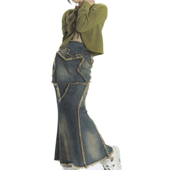 Moterys, American Retro Džinsinio Audinio Sijonas Derliaus Star Spausdinti Kratinys Prined Elegantiškas Ilgas Sijonas Streetwear