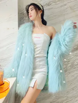 2022 Nauji Aukštos Kokybės Žalioji Dirbtiniais Kailių Paltai Moterims Žiemos Imitacija Fox Fur Ilgai Korėjos Stiliaus Perlas Kutas Sutirštės Šiltas Paltas