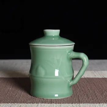 Kavos Puodeliai, Puodelis su Dangteliu 10oz Bambuko Formos Kinijos Teacup Keramikos Drinkware Porceliano Indai Mikrobangų krosnelėje ir plauti Indaplovėje