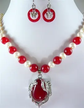 kilniausių raudona jade-balta 7-8MM perlų vėrinį +18KGP pakabukas auskarai nustatyti 18