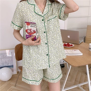 gėlių spausdinti namo drabužius moterų pižama nustatyti vasaros trumpomis rankovėmis sleepwear 2 dalių komplektas atsitiktinis saldus, susagstomi megztiniai, šortai kostiumas Y618