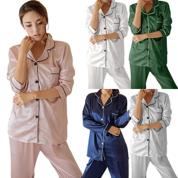 Moterys, Satino, Šilko Pižama Nustatyti Ilgomis Rankovėmis Marškinėliai Topai Ilgas Kelnes Nustatyti Sleepwear Homewear